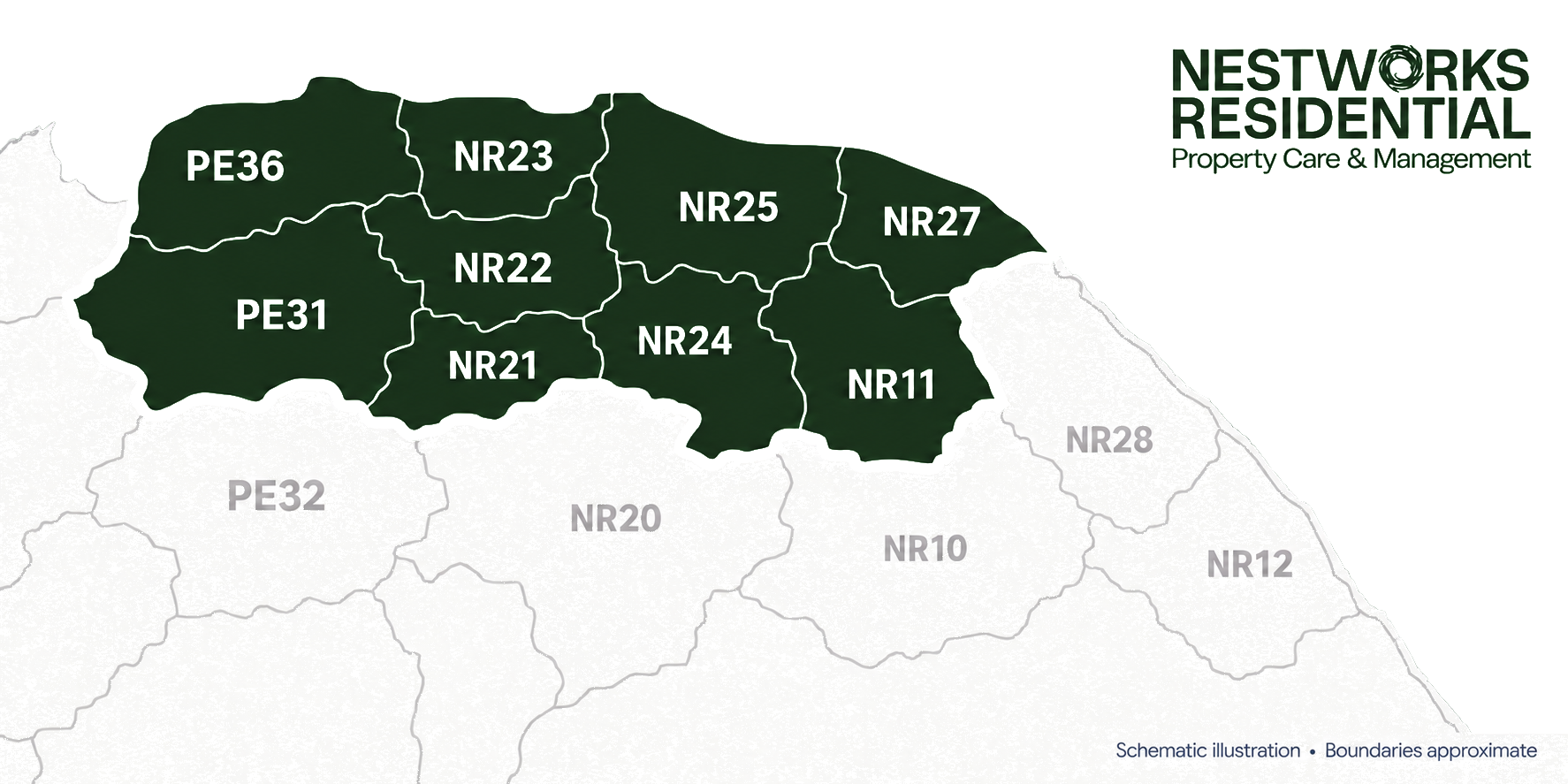 Nestworks coverage map highlighting PE36, PE31, NR23, NR22, NR21, NR25, NR24, NR27, NR11. Boundaries are approximate.
